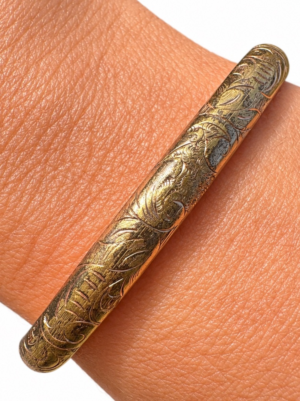 Vintage Gold Filled Etched Floral Bangle Bracelet 6.75” Antique Heirloom